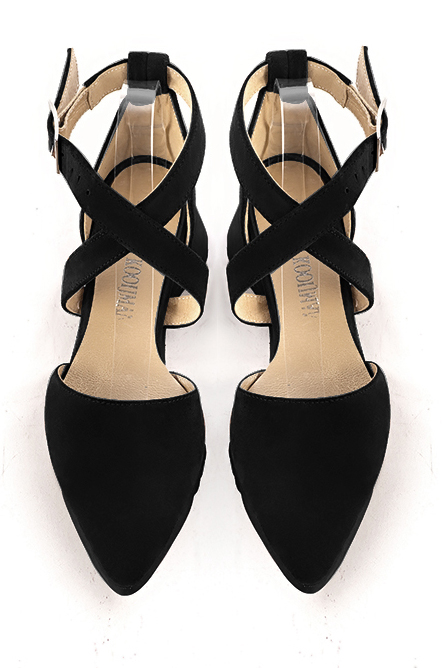 Matt black women's open side shoes, with crossed straps.. Top view - Florence KOOIJMAN